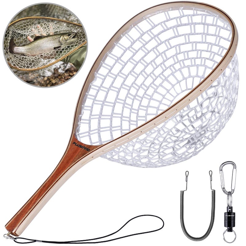 PLUSINNO Fly Fishing Net with Wooden Frame and Magnetic Release, Soft Rubber Mesh for Trout and Bass Catch and Release - Image 1